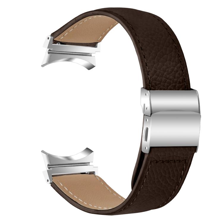 For Samsung Galaxy Watch 7 40 / 44mm Lychee Texture Silver Turtle Back Buckle Leather Watch Band