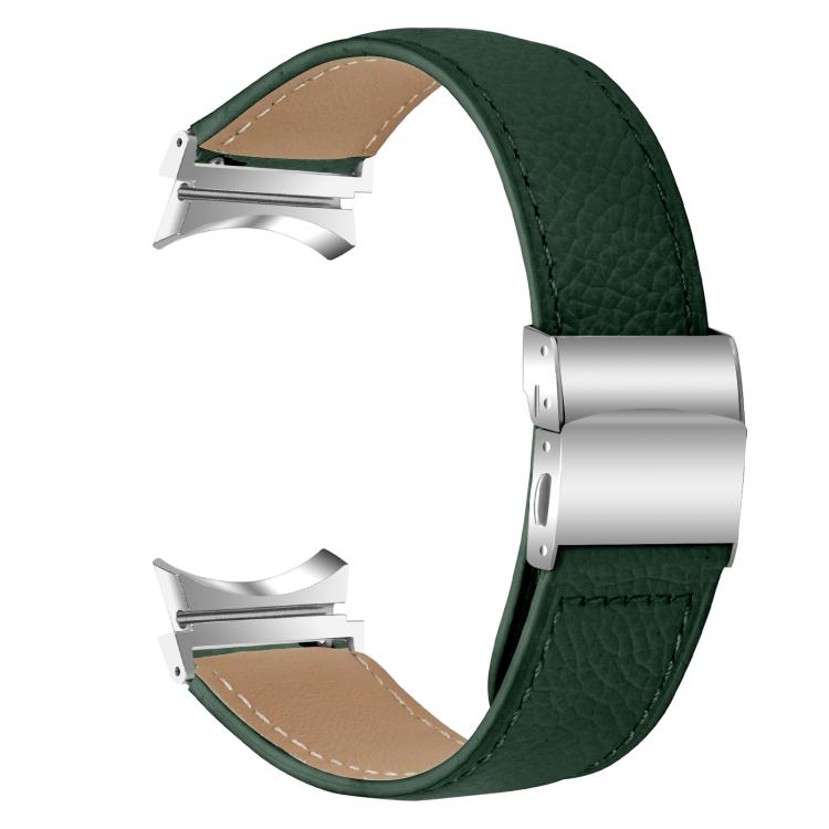 For Samsung Galaxy Watch 7 40 / 44mm Lychee Texture Silver Turtle Back Buckle Leather Watch Band