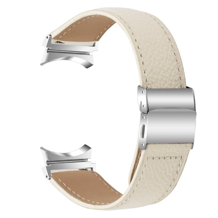 For Samsung Galaxy Watch 7 40 / 44mm Lychee Texture Silver Turtle Back Buckle Leather Watch Band