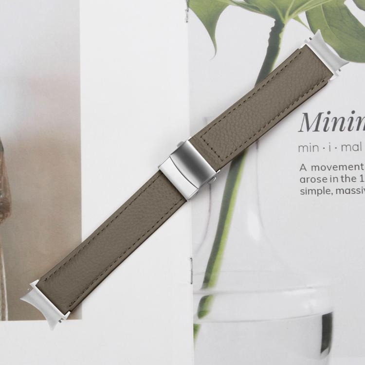 For Samsung Galaxy Watch 7 40 / 44mm Quick Release Lychee Texture Silver Turtle Back Buckle Leather Watch Band