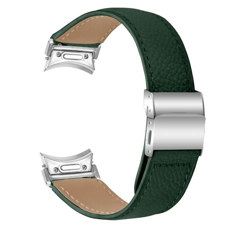 For Samsung Galaxy Watch 7 40 / 44mm Quick Release Lychee Texture Silver Turtle Back Buckle Leather Watch Band