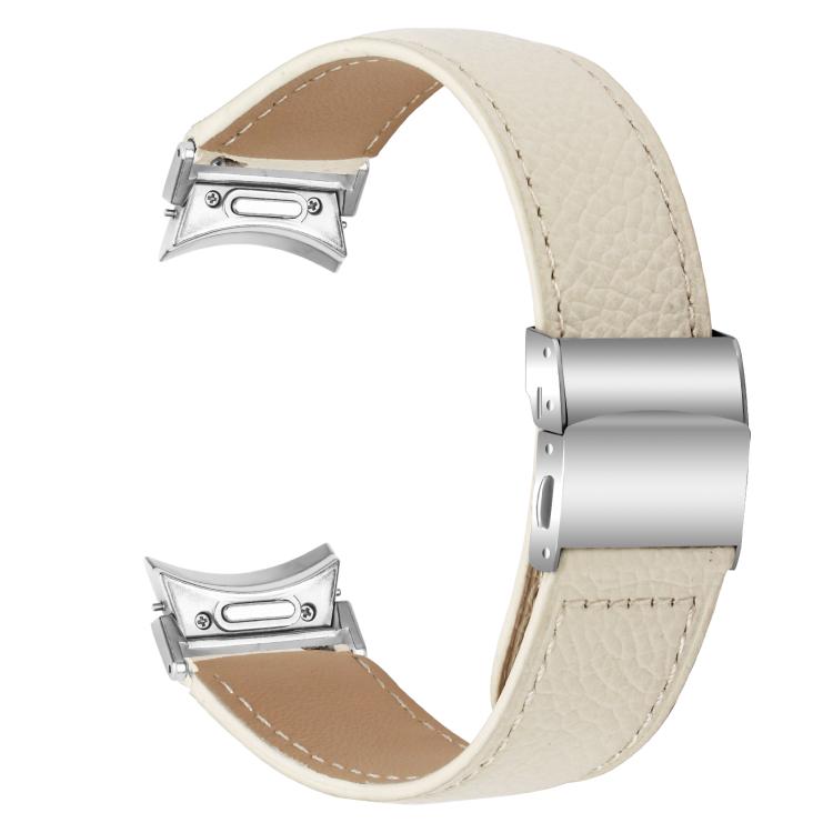 For Samsung Galaxy Watch 7 40 / 44mm Quick Release Lychee Texture Silver Turtle Back Buckle Leather Watch Band
