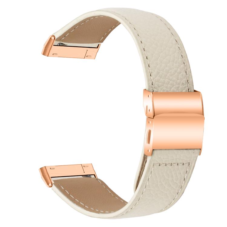 For Fitbit Versa 3 / 4 Lychee Texture Rose Gold Turtle Back Buckle Leather Watch Band
