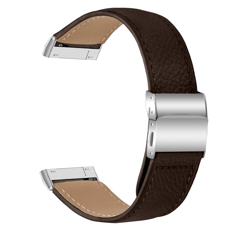 For Fitbit Versa 3 / 4 Lychee Texture Silver Turtle Back Buckle Leather Watch Band