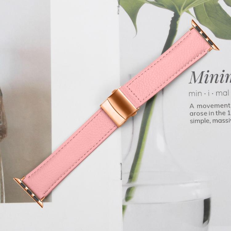 For Apple Watch 46mm / 49mm / 45mm / 44mm Lychee Texture Rose Gold Turtle Back Buckle Leather Watch Band
