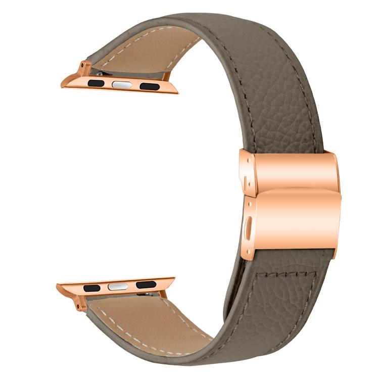 For Apple Watch 46mm / 49mm / 45mm / 44mm Lychee Texture Rose Gold Turtle Back Buckle Leather Watch Band