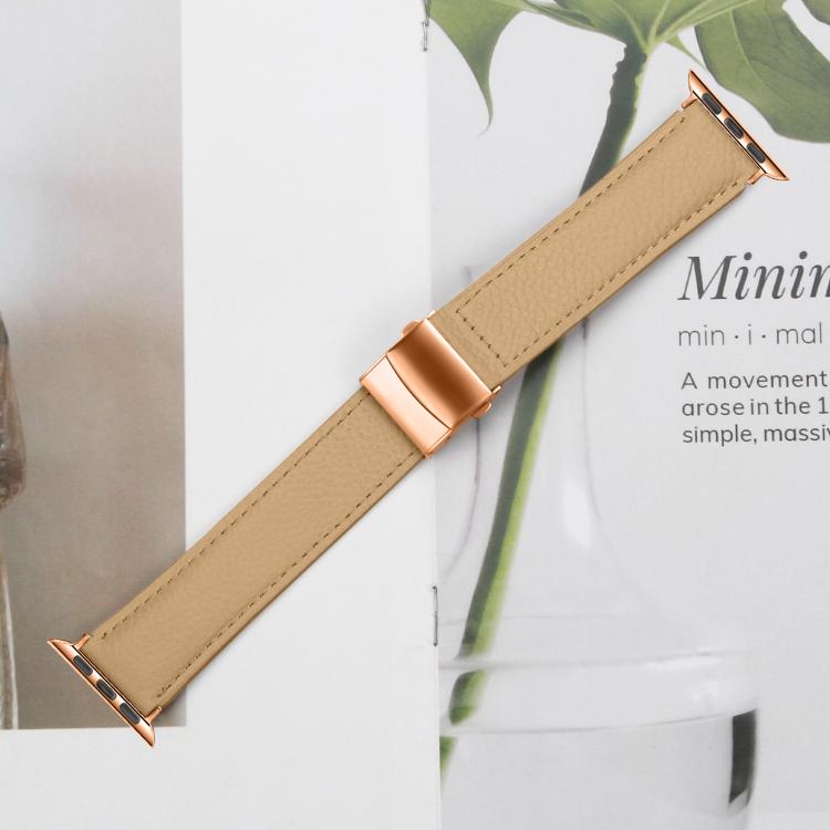 For Apple Watch 46mm / 49mm / 45mm / 44mm Lychee Texture Rose Gold Turtle Back Buckle Leather Watch Band
