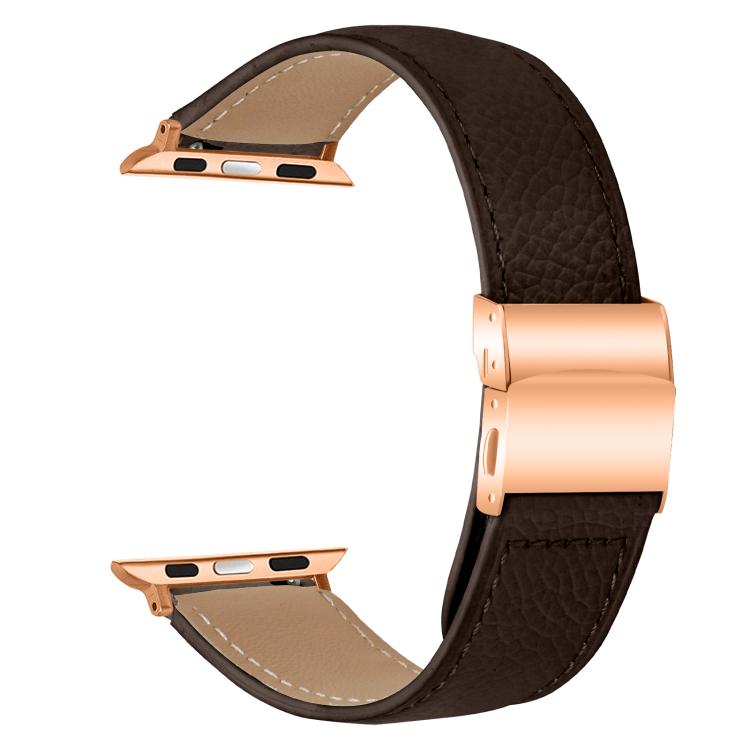 For Apple Watch 42mm / 41mm / 40mm / 38mm Lychee Texture Rose Gold Turtle Back Buckle Leather Watch Band