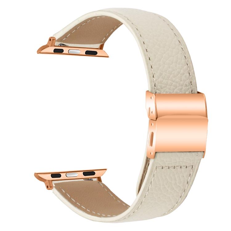 For Apple Watch 42mm / 41mm / 40mm / 38mm Lychee Texture Rose Gold Turtle Back Buckle Leather Watch Band