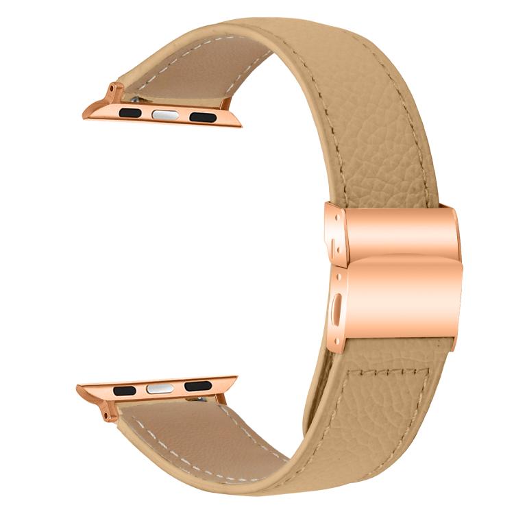 For Apple Watch 42mm / 41mm / 40mm / 38mm Lychee Texture Rose Gold Turtle Back Buckle Leather Watch Band