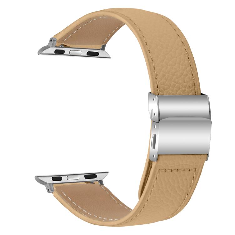 For Apple Watch 46mm / 49mm / 45mm / 44mm Lychee Texture Silver Turtle Back Buckle Leather Watch Band