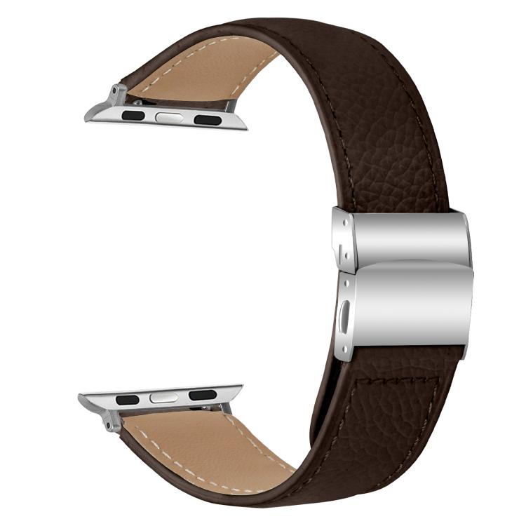 For Apple Watch 42mm / 41mm / 40mm / 38mm Lychee Texture Silver Turtle Back Buckle Leather Watch Band