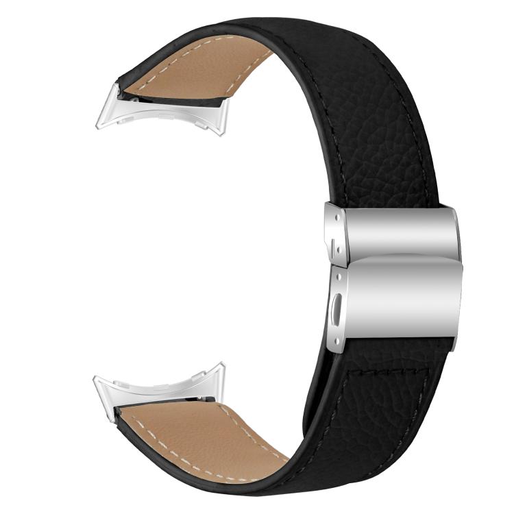 For Google Pixel Watch 4 / 3 / 2 / 1 41mm Lychee Texture Silver Turtle Back Buckle Leather Watch Band