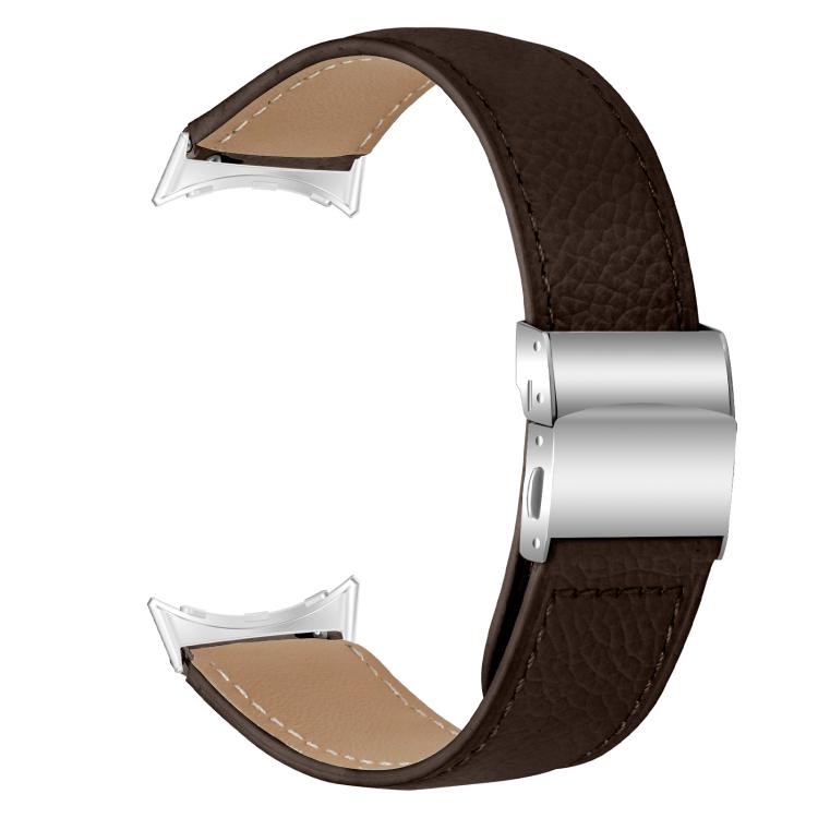 For Google Pixel Watch 4 / 3 / 2 / 1 41mm Lychee Texture Silver Turtle Back Buckle Leather Watch Band