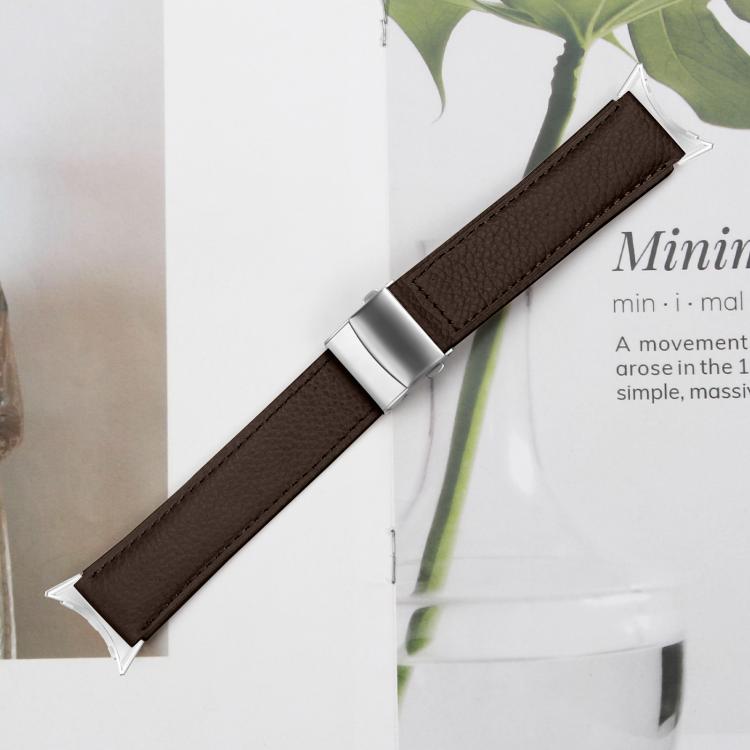 For Google Pixel Watch 4 / 3 / 2 / 1 41mm Lychee Texture Silver Turtle Back Buckle Leather Watch Band
