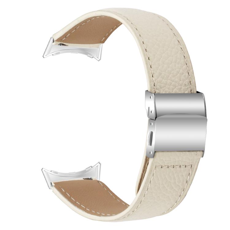 For Google Pixel Watch 4 / 3 / 2 / 1 41mm Lychee Texture Silver Turtle Back Buckle Leather Watch Band