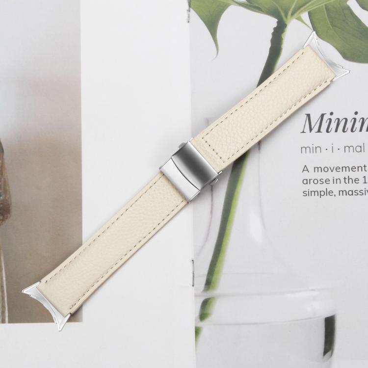 For Google Pixel Watch 4 / 3 / 2 / 1 41mm Lychee Texture Silver Turtle Back Buckle Leather Watch Band