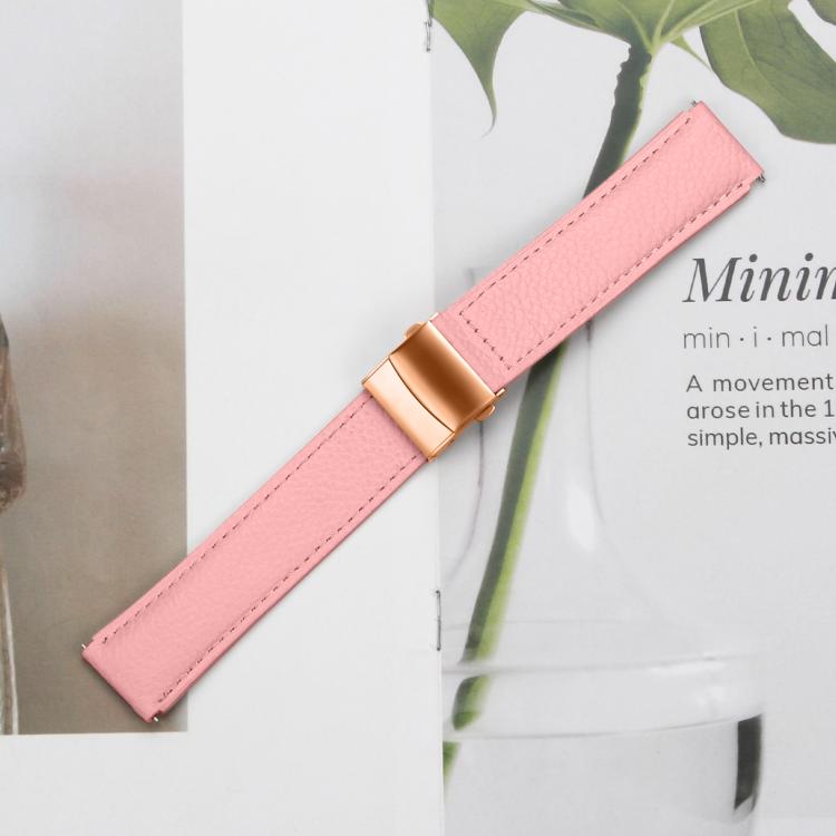 20mm Lychee Texture Rose Gold Turtle Back Buckle Leather Watch Band
