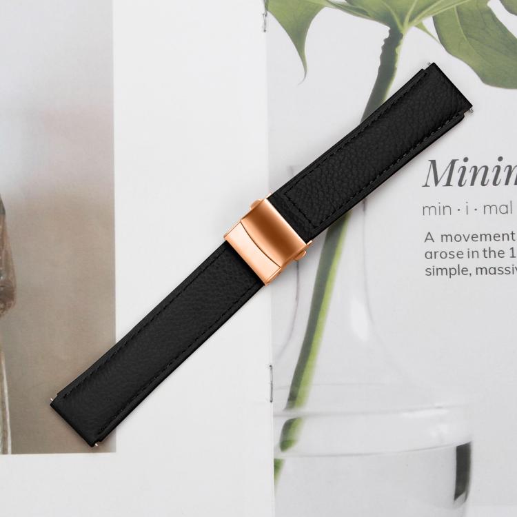 20mm Lychee Texture Rose Gold Turtle Back Buckle Leather Watch Band