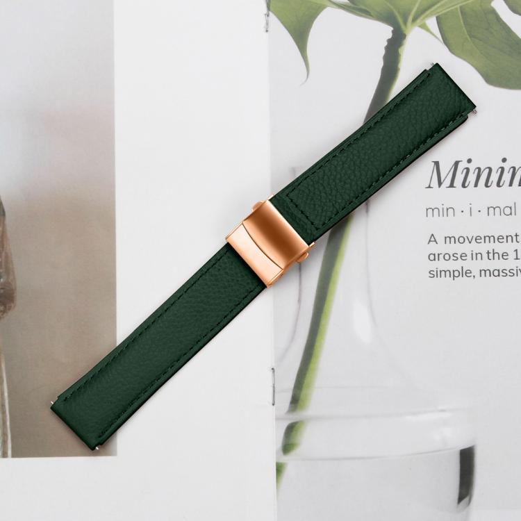 20mm Lychee Texture Rose Gold Turtle Back Buckle Leather Watch Band