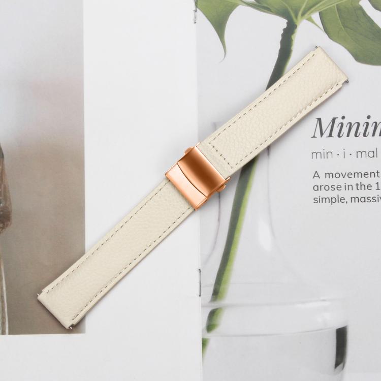 20mm Lychee Texture Rose Gold Turtle Back Buckle Leather Watch Band