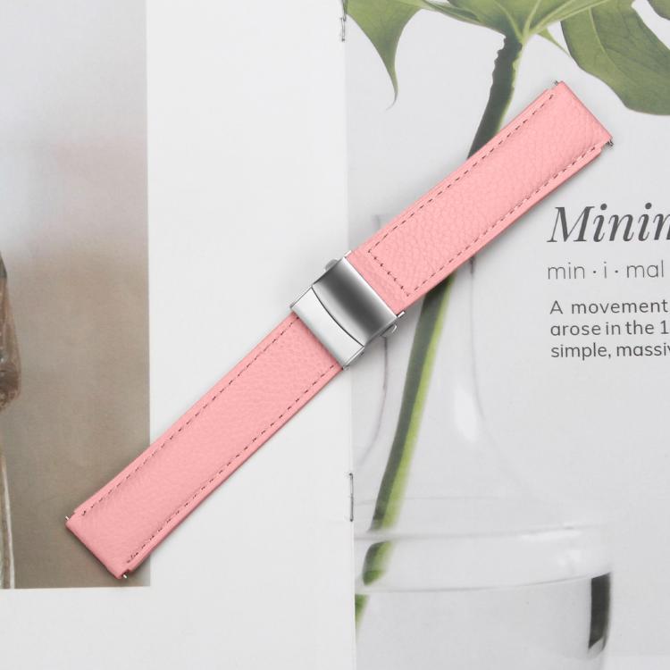 20mm Lychee Texture Silver Turtle Back Buckle Leather Watch Band