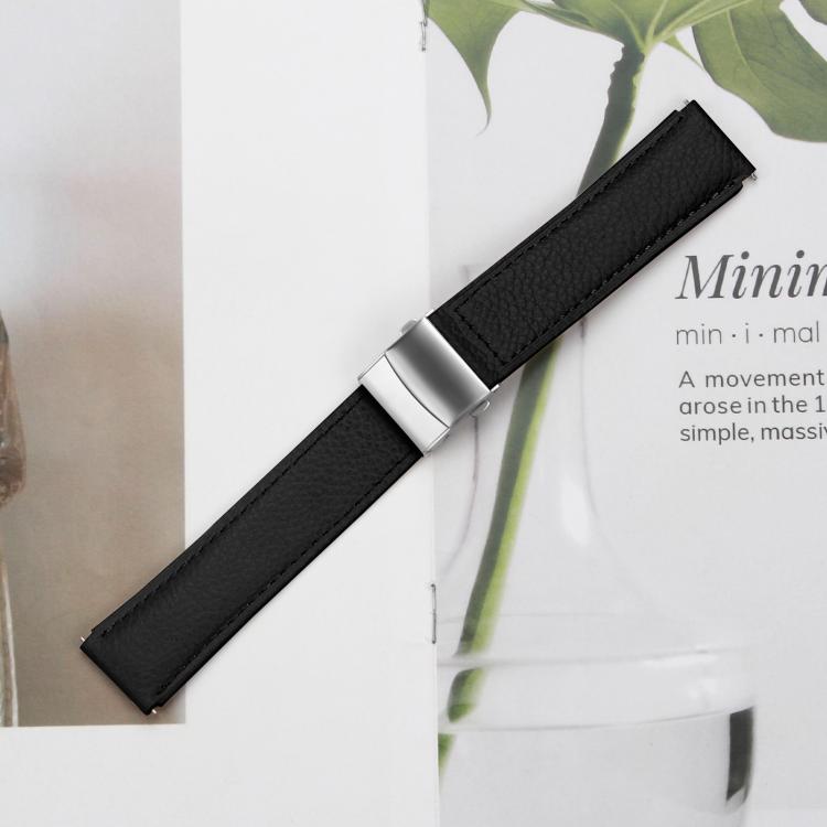 20mm Lychee Texture Silver Turtle Back Buckle Leather Watch Band