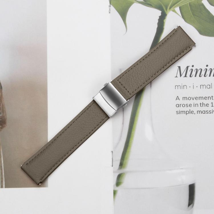 20mm Lychee Texture Silver Turtle Back Buckle Leather Watch Band