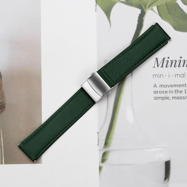 20mm Lychee Texture Silver Turtle Back Buckle Leather Watch Band