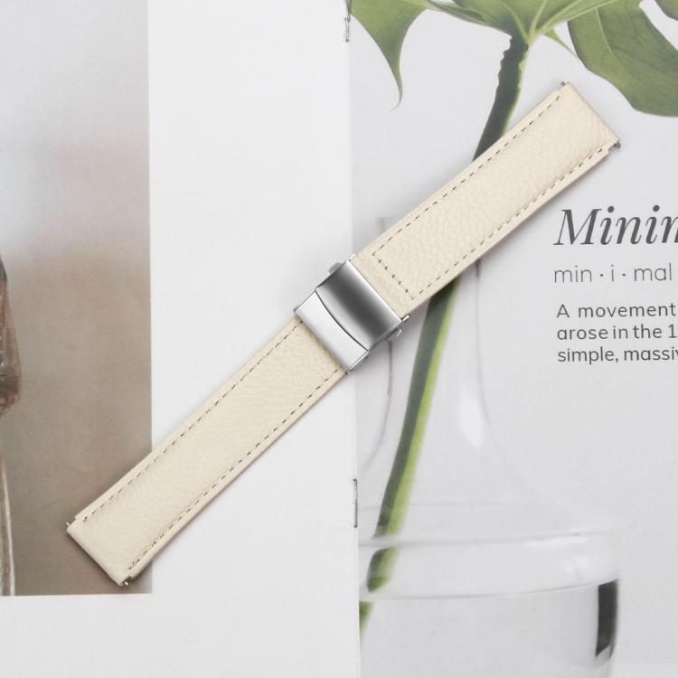 20mm Lychee Texture Silver Turtle Back Buckle Leather Watch Band