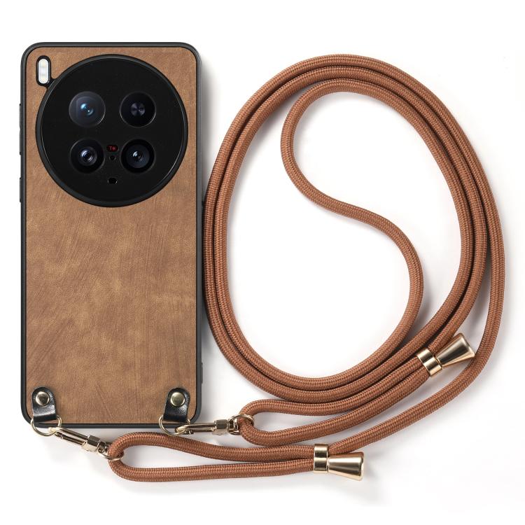 For vivo X200 Ultra Vintage Leather PC Back Cover Phone Case with Crossbody Strap