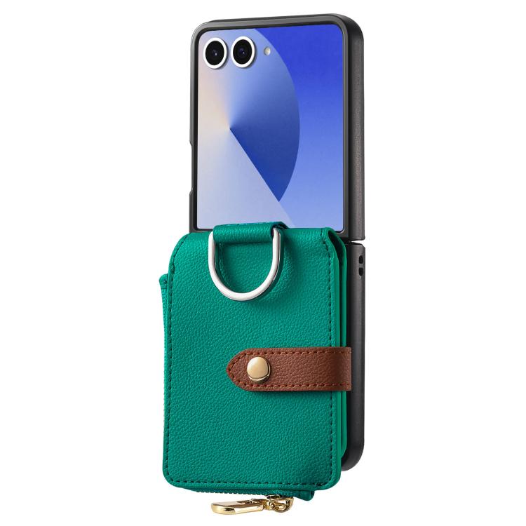 For Galaxy Z Flip7 5G Litchi Texture Ring Vertical Zipper Wallet Phone Case