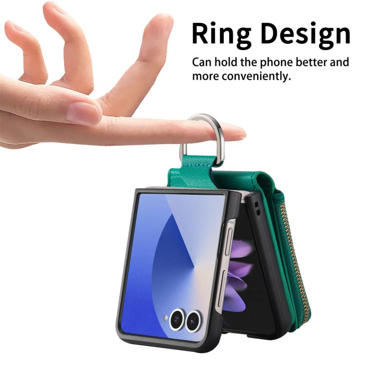 For Galaxy Z Flip7 5G Litchi Texture Ring Vertical Zipper Wallet Phone Case