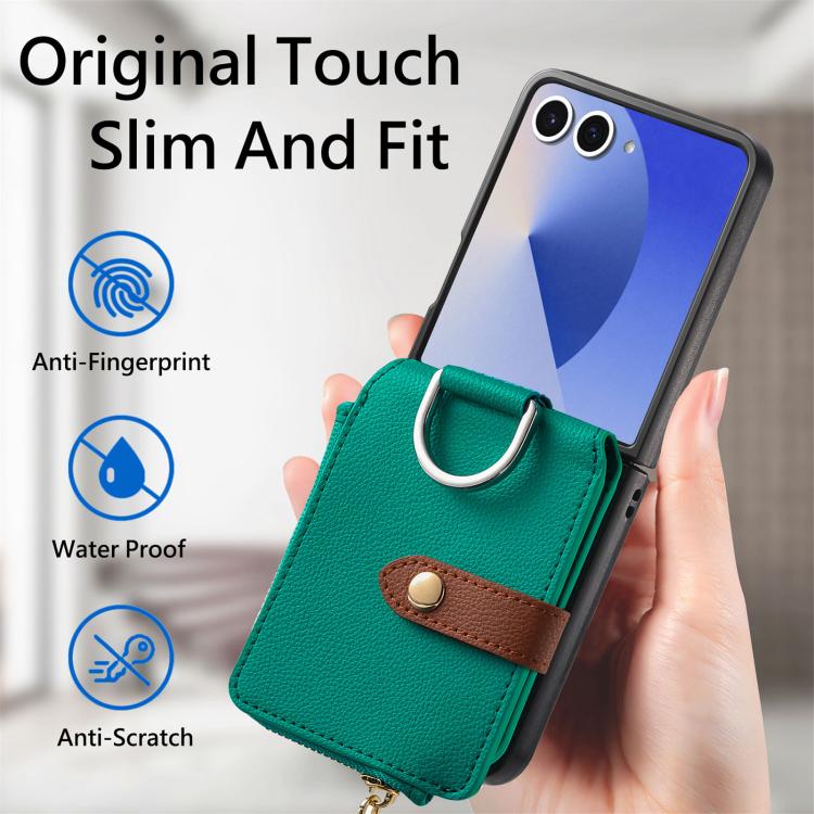 For Galaxy Z Flip7 5G Litchi Texture Ring Vertical Zipper Wallet Phone Case
