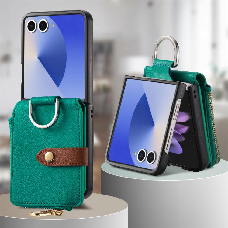 For Galaxy Z Flip7 5G Litchi Texture Ring Vertical Zipper Wallet Phone Case