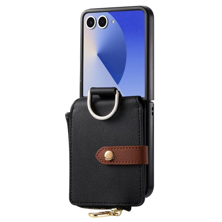 For Galaxy Z Flip7 5G Litchi Texture Ring Vertical Zipper Wallet Phone Case