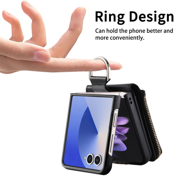 For Galaxy Z Flip7 5G Litchi Texture Ring Vertical Zipper Wallet Phone Case