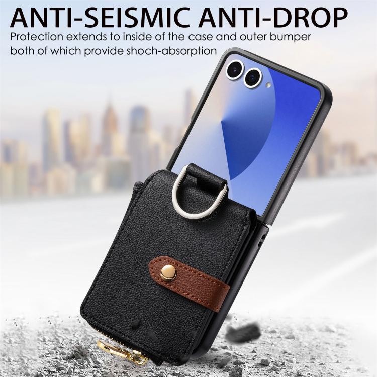 For Galaxy Z Flip7 5G Litchi Texture Ring Vertical Zipper Wallet Phone Case