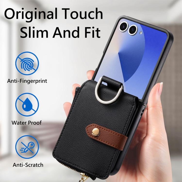 For Galaxy Z Flip7 5G Litchi Texture Ring Vertical Zipper Wallet Phone Case