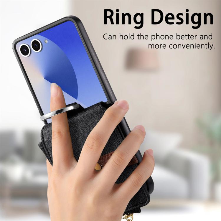 For Galaxy Z Flip7 5G Litchi Texture Ring Vertical Zipper Wallet Phone Case