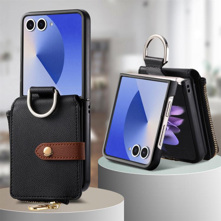 For Galaxy Z Flip7 5G Litchi Texture Ring Vertical Zipper Wallet Phone Case