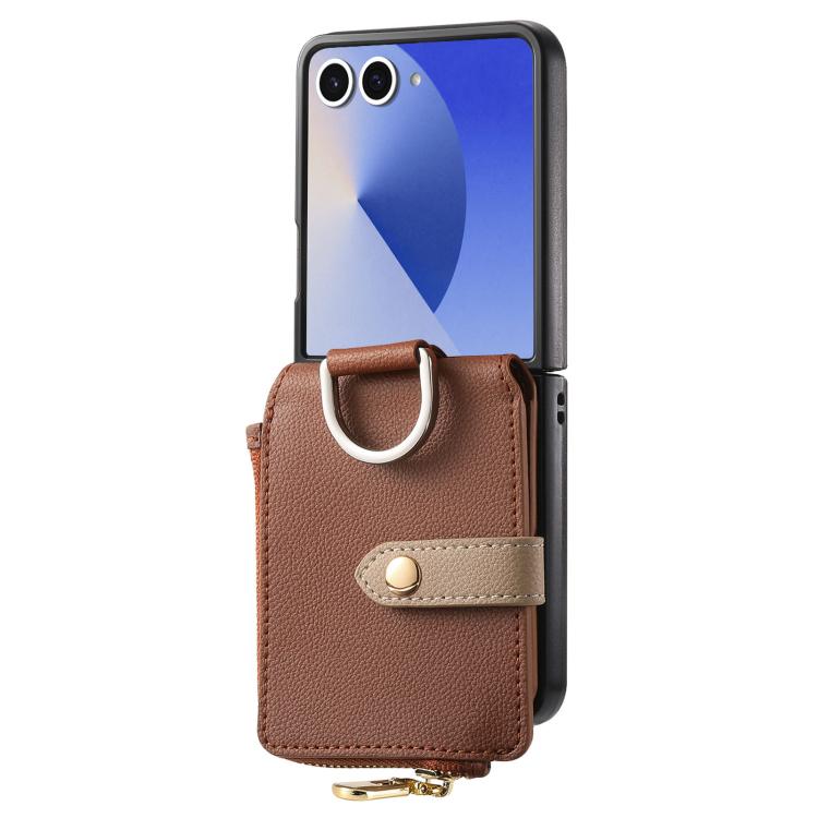 For Galaxy Z Flip7 5G Litchi Texture Ring Vertical Zipper Wallet Phone Case