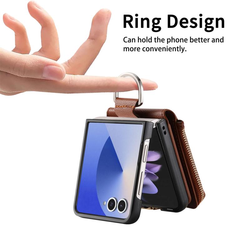 For Galaxy Z Flip7 5G Litchi Texture Ring Vertical Zipper Wallet Phone Case