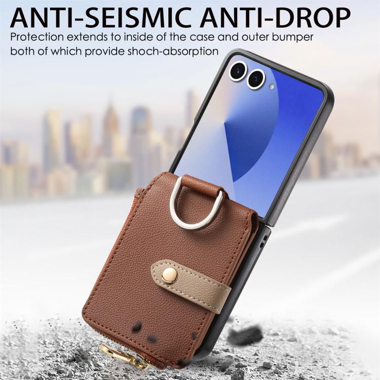 For Galaxy Z Flip7 5G Litchi Texture Ring Vertical Zipper Wallet Phone Case