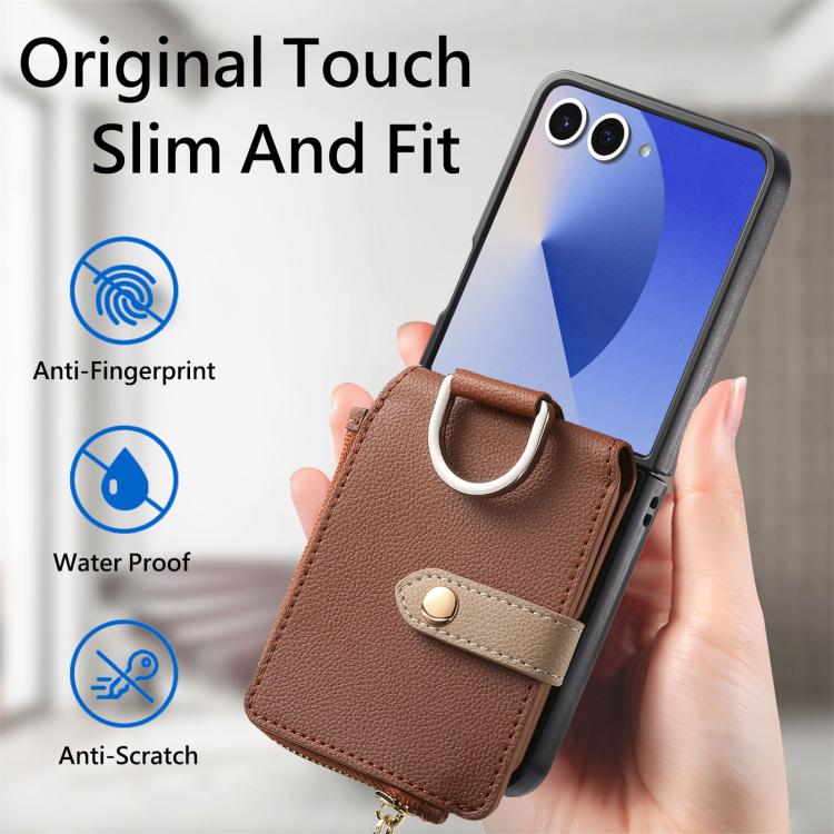 For Galaxy Z Flip7 5G Litchi Texture Ring Vertical Zipper Wallet Phone Case