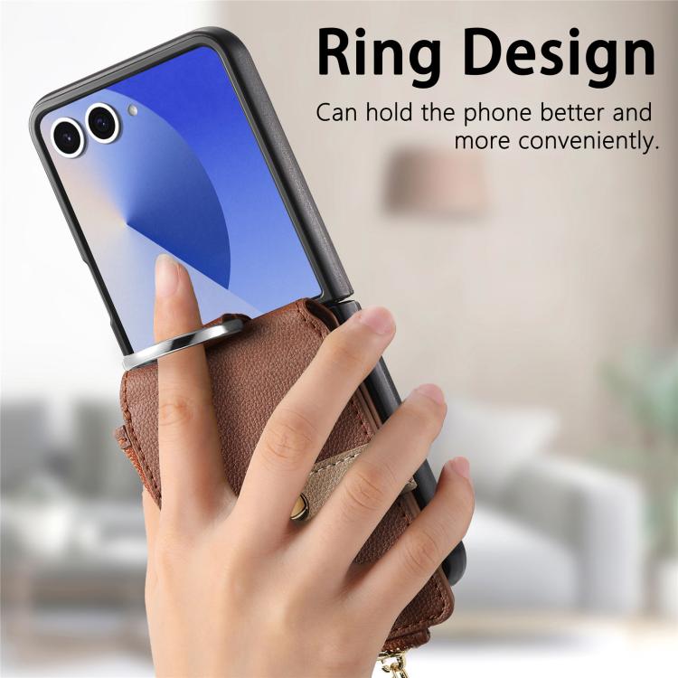 For Galaxy Z Flip7 5G Litchi Texture Ring Vertical Zipper Wallet Phone Case