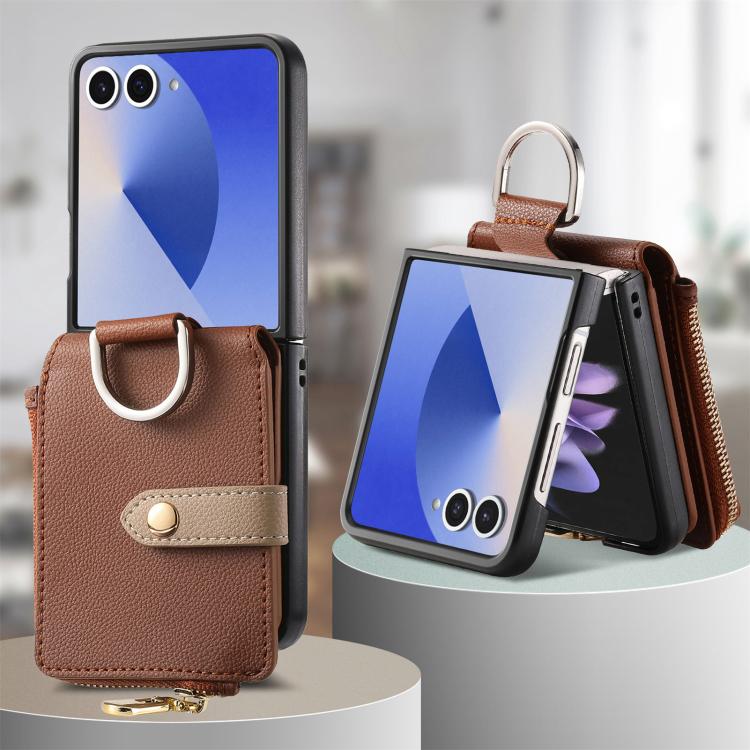 For Galaxy Z Flip7 5G Litchi Texture Ring Vertical Zipper Wallet Phone Case