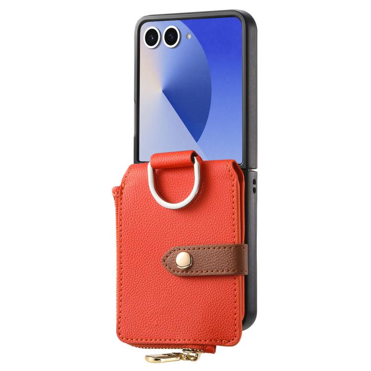 For Galaxy Z Flip7 5G Litchi Texture Ring Vertical Zipper Wallet Phone Case