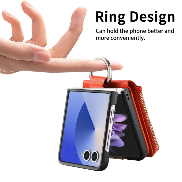 For Galaxy Z Flip7 5G Litchi Texture Ring Vertical Zipper Wallet Phone Case