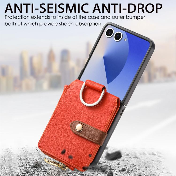 For Galaxy Z Flip7 5G Litchi Texture Ring Vertical Zipper Wallet Phone Case